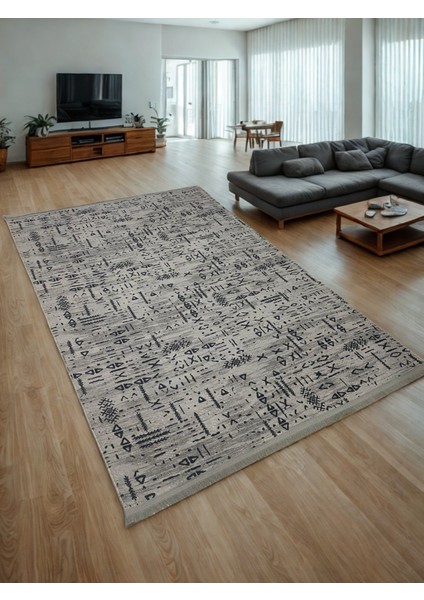 Iskandinav Kabartmalı Saçaklı Gri Kaymaz Taban Yıkanabilir Kesme Yolluk Halı