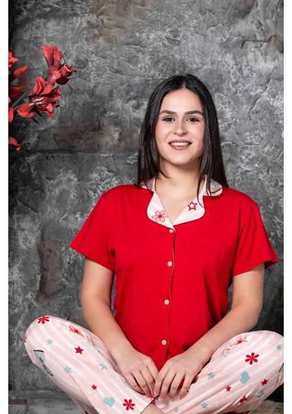Desenli Gömlek Yaka Kısa Kol Pijama Takımı Kırmızı