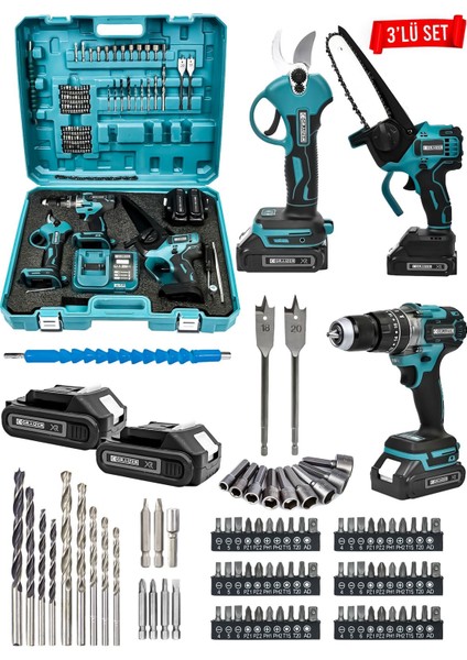 Powerforge 3'lü Set Kömürsüz Motor Şarjlı Budama Testeresi-Şarjlı Budama Makası-Şarjlı Matkap-Mavi