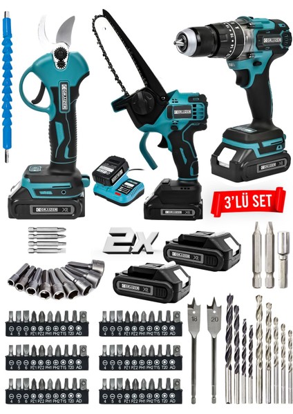 Powerforge 3'lü Set Kömürsüz Motor Şarjlı Budama Testeresi-Şarjlı Budama Makası-Şarjlı Matkap-Mavi