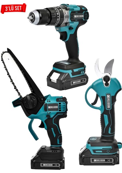 Powerforge 3'lü Set Kömürsüz Motor Şarjlı Budama Testeresi-Şarjlı Budama Makası-Şarjlı Matkap-Mavi