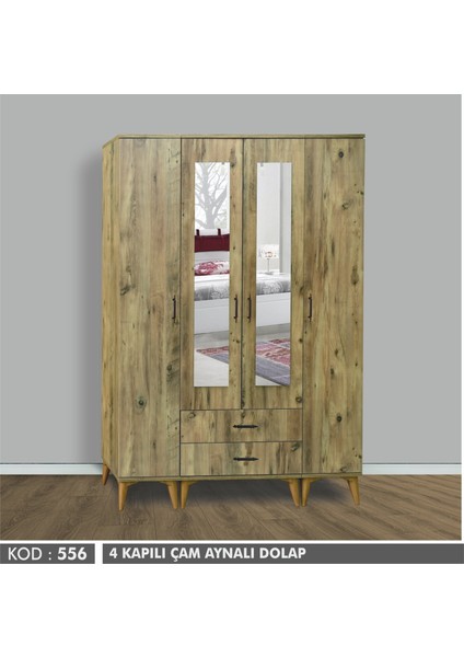 4 Kapılı Aynalı Çam Dolap