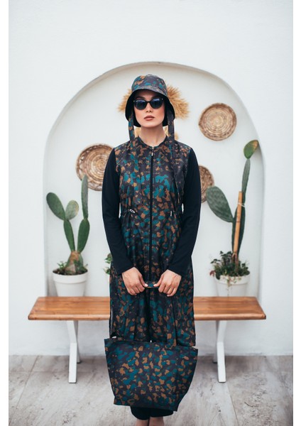 Wild Camo Kadın Kısa Desenli Fermuarlı Tam Kapalı Tesettür Mayo 3'lu Set