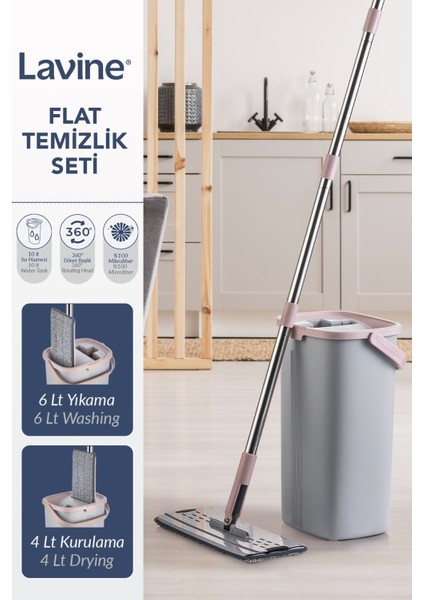 Gri Flat Mop Temizlik Seti, Paslanmaz Çelik Sap, Su Tahliyesi, Premium Kova ve Boru
