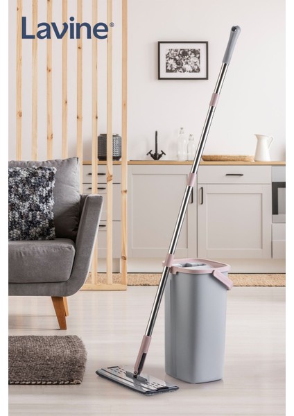 Gri Flat Mop Temizlik Seti, Paslanmaz Çelik Sap, Su Tahliyesi, Premium Kova ve Boru modelleri
