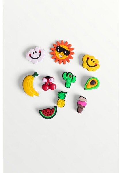 Jibbitz Terlik Süsü 10 Lu Set-Güneş,bulut,meyveler,kaktüs,dondurma