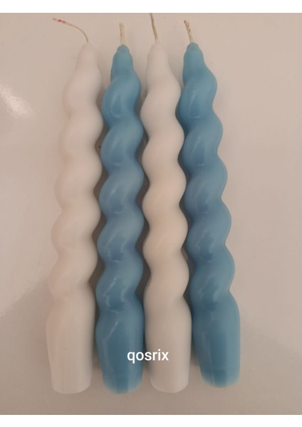 4'lü Beyaz Açık Mavi Italyan Burgulu Şamdan Soya Mumu Doğal Kokulu Uzun Çubuk Konik Burgu Spiral Mum