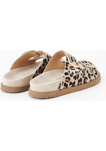 Vandia Kadın Hakiki Deri Çift Toklı Bej Leopar Terlik Deri Kaplamalı Pedli Rahat Taban modelleri