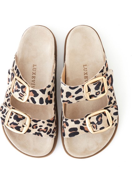 Vandia Kadın Hakiki Deri Çift Toklı Bej Leopar Terlik Deri Kaplamalı Pedli Rahat Taban fırsatları