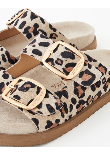 Vandia Kadın Hakiki Deri Çift Toklı Bej Leopar Terlik Deri Kaplamalı Pedli Rahat Taban indirimleri