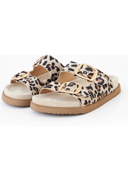 Vandia Kadın Hakiki Deri Çift Toklı Bej Leopar Terlik Deri Kaplamalı Pedli Rahat Taban