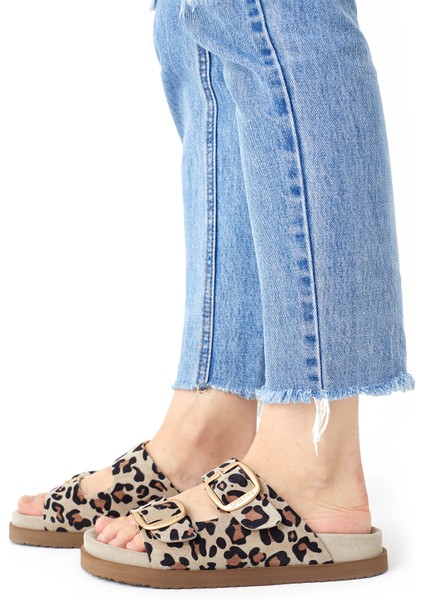 Vandia Kadın Hakiki Deri Çift Toklı Bej Leopar Terlik Deri Kaplamalı Pedli Rahat Taban