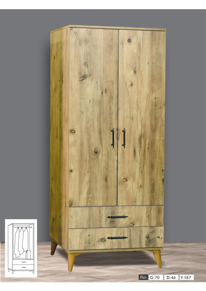 2 Kapılı Çekmeceli Aynasız Çam Dolap