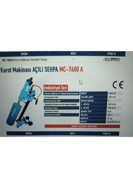 Endüstriyel Karot Makinası Açılı Sehpa MC-7600 A