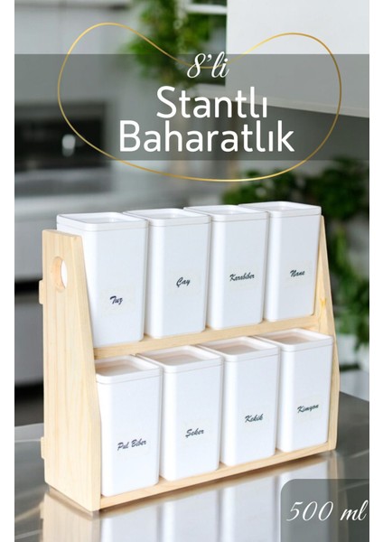 Ahşap standlı 8'li şeffaf kapaklı porselen görünümlü baharat seti, hediye etiketi, 500 ml