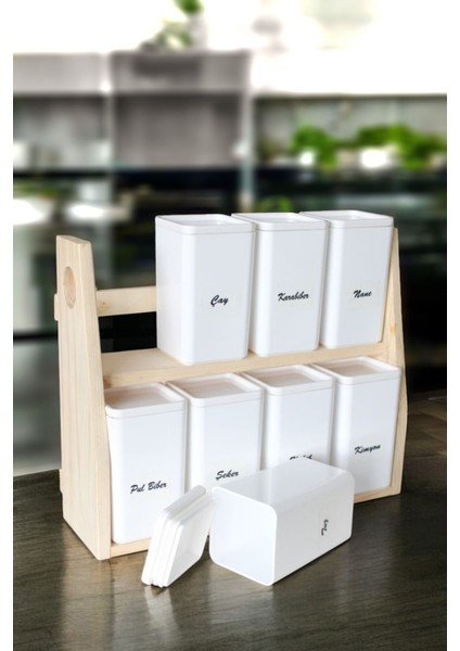 Ahşap standlı 8'li şeffaf kapaklı porselen görünümlü baharat seti, hediye etiketi, 500 ml fiyatları