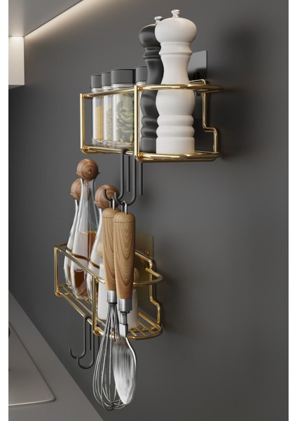 Gold metal baharatlık seti, yapışkanlı kanca ile şık ve pratik kullanım sağlar, 2 parça indirimleri