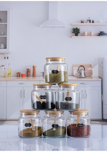 6’lı Bambu Baharatlık Takımı, 12 Parça, 500 ml, Kaşıklı ve Etiketli, Şık ve İşlevsel