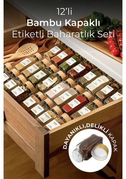 12'li Bambu Kapaklı Kare Cam Baharatlık Takımı, 120 ml, Etiket Hediyesi