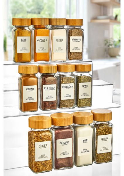 12'li Bambu Kapaklı Kare Cam Baharatlık Takımı, 120 ml, Etiket Hediyesi indirimleri