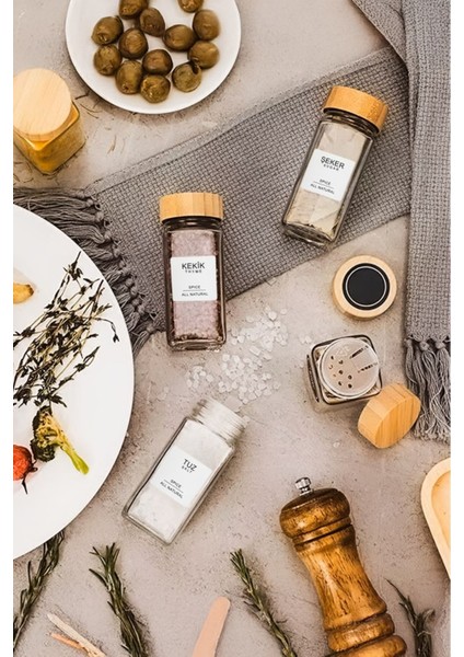 12'li Bambu Kapaklı Kare Cam Baharatlık Takımı, 120 ml, Etiket Hediyesi