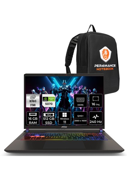 Vector 16 Hx Aı Intel Core Ultra 9 275HX 16GB 512GB SSD RTX5070/8GB 115W 16" Qhd+ 240Hz W11P Taşınabilir Bilgisayar & Per4 Çanta A2XWGG021TRP387