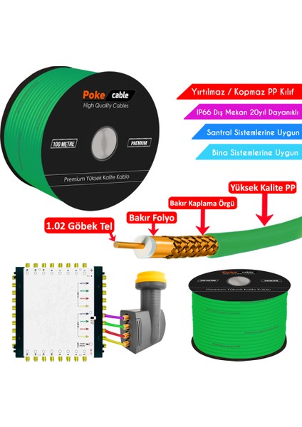 Dış Mekan Pp Anten Kablosu Gold Rg6/u4 64TEL 1.02 Yeşil 100MT Poke PK-1476