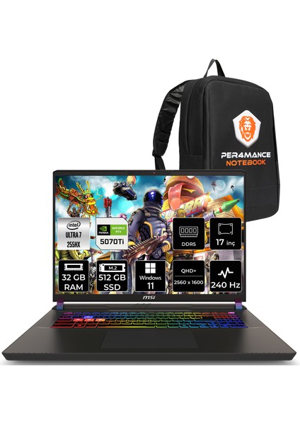 Msı Vector 17 Hx Aı Intel Core Ultra 7 255HX 32GB 512GB SSD RTX5070TI/12GB 140W 17" Qhd+ 240Hz Windows 11 Pro Taşınabilir Bilgisayar & Per4 Çanta A2XWHG086TRP397