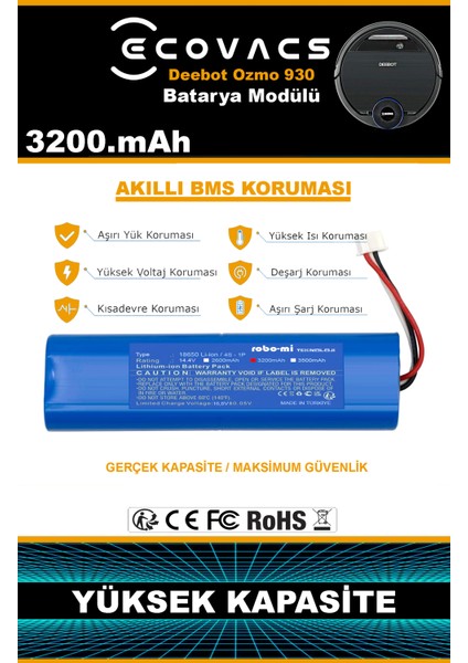 Ecovacs Deebot Ozmo 900 3200mAh Robot Süpürge Bataryası - Koruma Katmanlı Batarya Teknolojisi modelleri