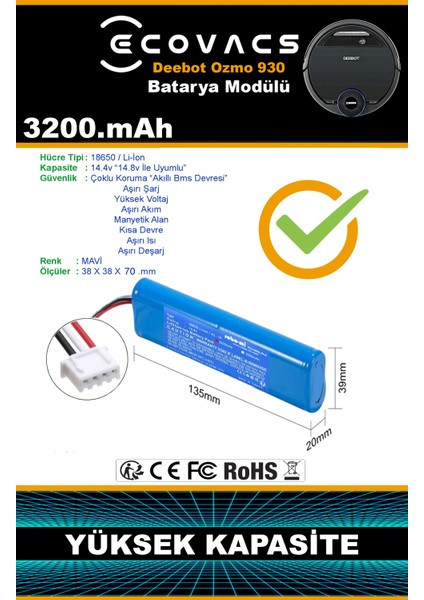 Ecovacs Deebot Ozmo 900 3200mAh Robot Süpürge Bataryası - Koruma Katmanlı Batarya Teknolojisi