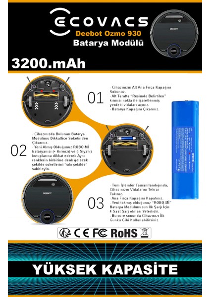 Ecovacs Deebot Ozmo 900 3200mAh Robot Süpürge Bataryası - Koruma Katmanlı Batarya Teknolojisi