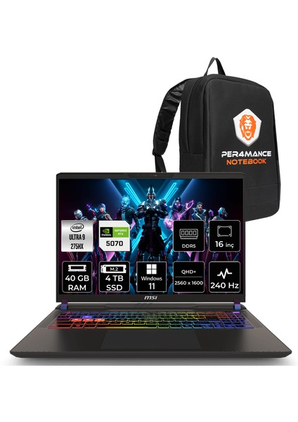 Vector 16 Hx Aı Intel Core Ultra 9 275HX 40GB 4tb SSD RTX5070/8GB 115W 16" Qhd+ 240Hz W11H Taşınabilir Bilgisayar & Per4 Çanta A2XWGG021TRP365