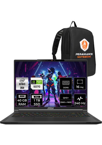 Msı Stealth 16 Hx Aı Intel Core Ultra 9 285H 40GB 1tb SSD RTX5070/8GB 16" Qhd+ 240Hz Freedos Taşınabilir Bilgisayar & Per4 Çanta A2HWGG056TRP323