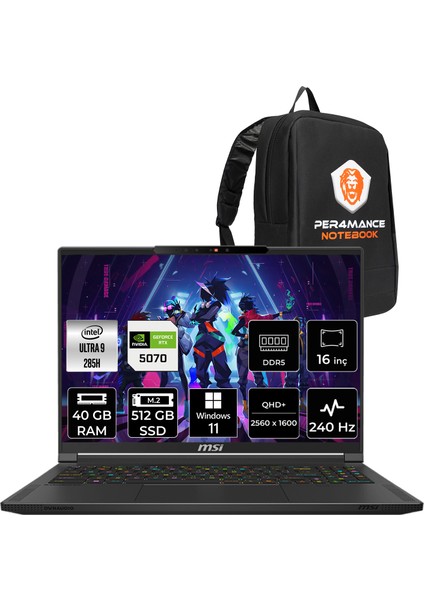 Msı Stealth 16 Hx Aı Intel Core Ultra 9 285H 40GB 512GB SSD RTX5070/8GB 16" Qhd+ 240Hz Windows 11 Pro Taşınabilir Bilgisayar & Per4 Çanta A2HWGG056TRP402