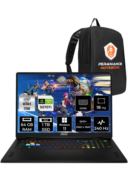 Msı Vector 18 Hx Aı Intel Core Ultra 9 275HX 64GB 1tb SSD RTX5070TI/12GB 140W 18" Qhd+ 240Hz Windows 11 Pro Taşınabilir Bilgisayar & Per4 Çanta A2XWHG663XTRP413