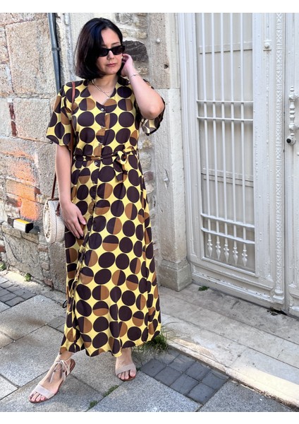 Desenli %100 Pamuk Düğmeli Kuşaklı Rahat Kalıp Sarı Elbise fiyatları
