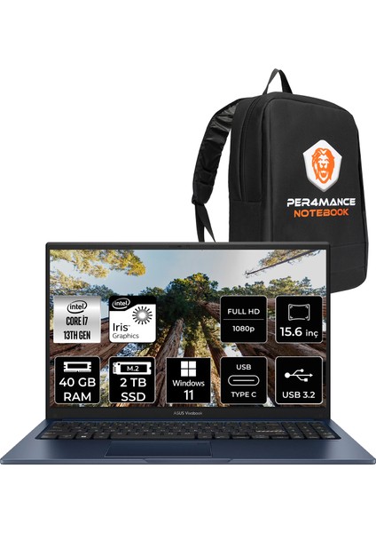 Vivobook 15 Intel Core I7 1355U 40GB 2tb SSD 15.6" Fhd Windows 11 Pro Taşınabilir Bilgisayar & Per4 Çanta X1504VANJ1499P374