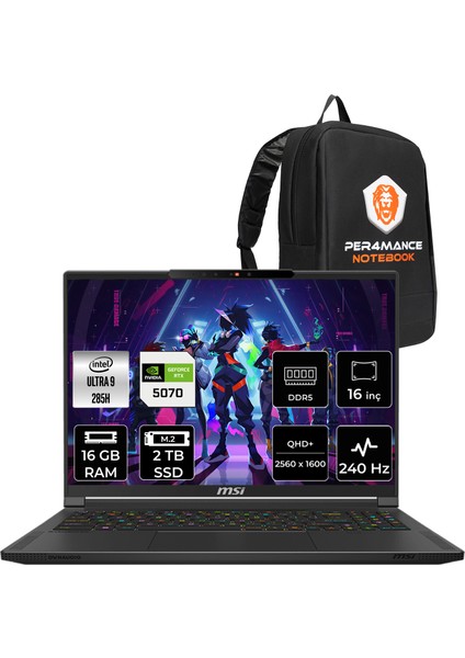 Msı Stealth 16 Hx Aı Intel Core Ultra 9 285H 16GB 2tb SSD RTX5070/8GB 16" Qhd+ 240Hz Freedos Taşınabilir Bilgisayar & Per4 Çanta A2HWGG056TRP309