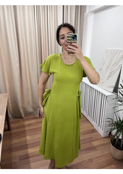 Yan Bağlamalı Kısa Kollu Midi Boy Yeşil Elbise fiyatları