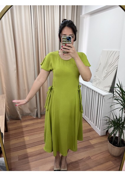 Yan Bağlamalı Kısa Kollu Midi Boy Yeşil Elbise modelleri