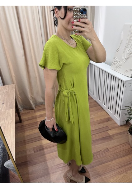 Yan Bağlamalı Kısa Kollu Midi Boy Yeşil Elbise fırsatları