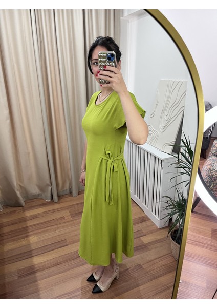 Yan Bağlamalı Kısa Kollu Midi Boy Yeşil Elbise indirimleri