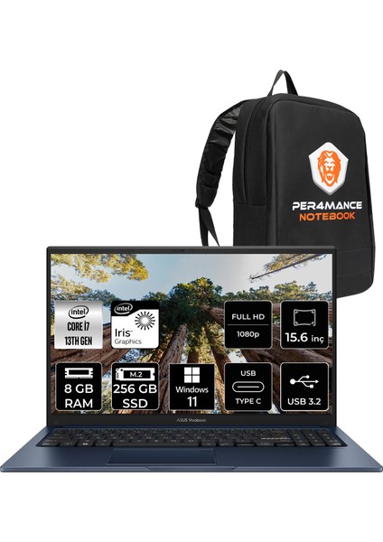 Vivobook 15 Intel Core I7 1355U 8gb 256GB SSD 15.6" Fhd Windows 11 HomeTaşınabilir Bilgisayar & Per4 Çanta X1504VANJ1499P326