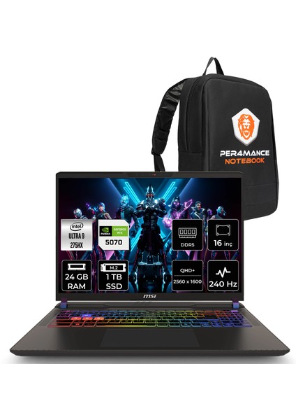 Msı Vector 16 Hx Aı Intel Core Ultra 9 275HX 24GB 1tb SSD RTX5070/8GB 115W 16" Qhd+ 240Hz Fdos Taşınabilir Bilgisayar & Per4 Çanta A2XWGG021TRP313