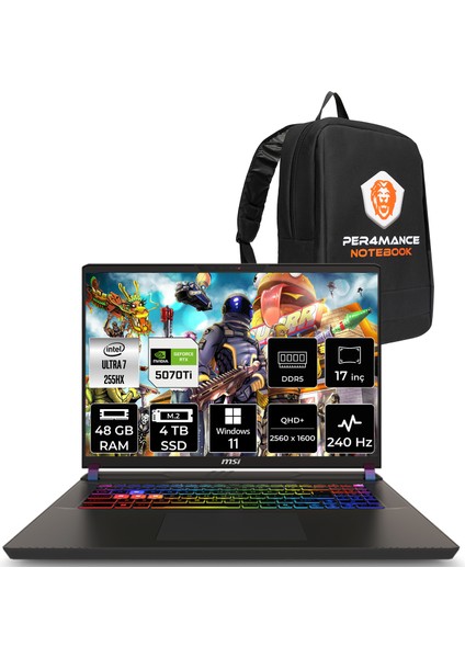 Msı Vector 17 Hx Aı Intel Core Ultra 7 255HX 48GB 4tb SSD RTX5070TI/12GB 140W 17" Qhd+ 240Hz Windows 11 Pro Taşınabilir Bilgisayar & Per4 Çanta A2XWHG086TRP410