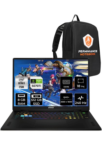 Msı Vector 18 Hx Aı Intel Core Ultra 9 275HX 8gb 512GB SSD RTX5070TI/12GB 140W 18" Qhd+ 240Hz Freedos Taşınabilir Bilgisayar & Per4 Çanta A2XWHG663XTRP302