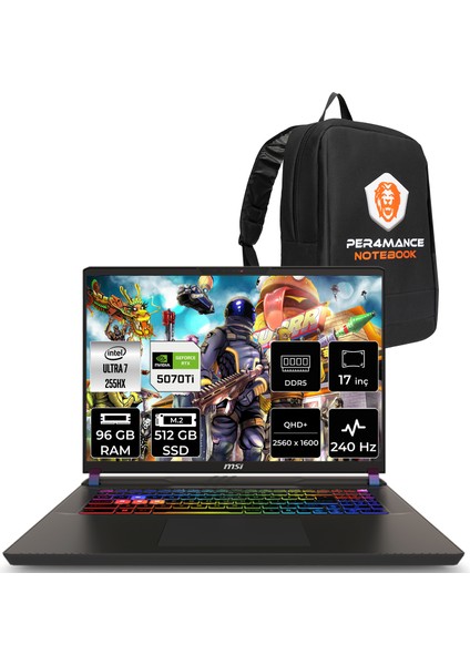 Msı Vector 17 Hx Aı Intel Core Ultra 7 255HX 96GB 512GB SSD RTX5070TI/12GB 140W 17" Qhd+ 240Hz Freedos Taşınabilir Bilgisayar & Per4 Çanta A2XWHG086TRP337