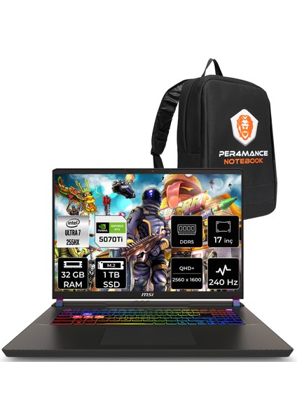 Msı Vector 17 Hx Aı Intel Core Ultra 7 255HX 32GB 1tb SSD RTX5070TI/12GB 140W 17" Qhd+ 240Hz Freedos Taşınabilir Bilgisayar & Per4 Çanta A2XWHG086TRP318