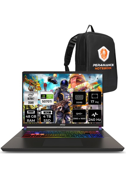 Msı Vector 17 Hx Aı Intel Core Ultra 7 255HX 48GB 4tb SSD RTX5070TI/12GB 140W 17" Qhd+ 240Hz Freedos Taşınabilir Bilgisayar & Per4 Çanta A2XWHG086TRP330