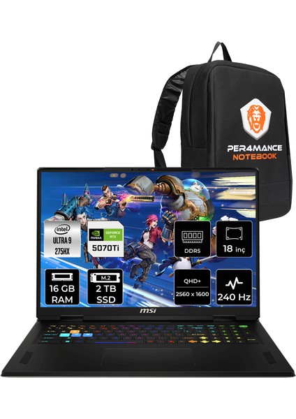 Msı Vector 18 Hx Aı Intel Core Ultra 9 275HX 16GB 2tb SSD RTX5070TI/12GB 140W 18" Qhd+ 240Hz Freedos Taşınabilir Bilgisayar & Per4 Çanta A2XWHG663XTRP309